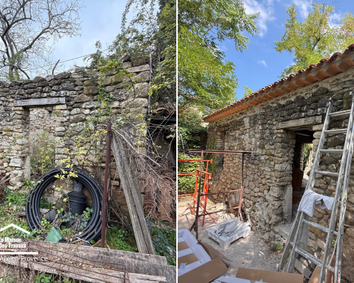 Vue d'ensemble de la rénovation d'une annexe en pierre dans le Pays d'Aix. Les travaux ont permis de préserver le bâti existant tout en lui offrant une nouvelle toiture adaptée aux exigences actuelles.