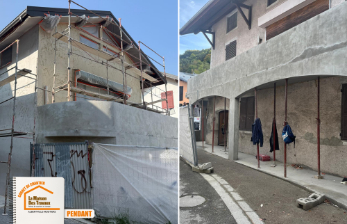 changement menuiseries façade, projet façade maison village, ravalement façade avec arches, rénovation extérieure La Maison des Travaux, maison savoyarde rénovée