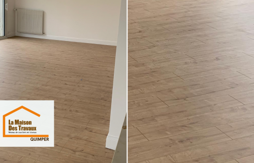 Rénovation de sol à Tréffiagat avec pose d’un revêtement aspect bois. Un intérieur lumineux et harmonieux, accompagné par Lucie, courtière en travaux à Quimper.