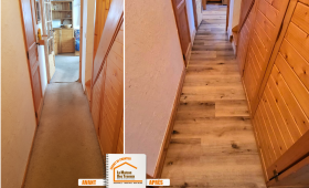 rénovation sol Méribel, remplacement moquette parquet, La Maison des Travaux Albertville, parquet appartement montagne, rénovation intérieure Savoie