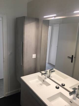 La salle d'eau contemporaine avec son meuble double vasque et sa colonne - Nantes 44