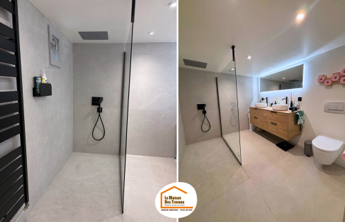  rénovation salle de bains Gex, douche italienne carrelage grand format, salle de bain design, rénovation maison Pays de Gex, salle de bain contemporaine