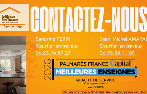 📞 Sandrine Férin et Jean-Michel Amaral vous accompagnent pour réussir vos travaux à Agen avec sérieux, réactivité et artisans de confiance.