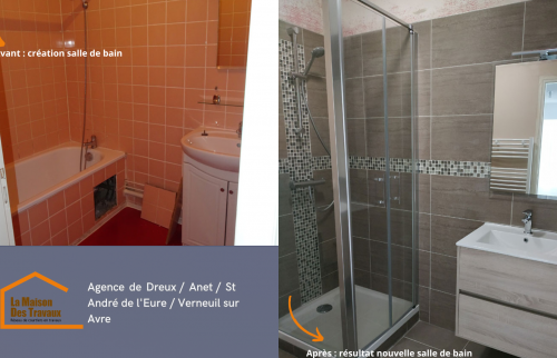 Avant : une salle de bains aux couleurs vives et peu pratiques. Après : un espace design et fonctionnel, parfait pour un usage quotidien.