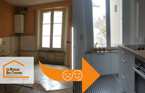 Avant : Cuisine vétuste à Héricourt, murs défraîchis et installations obsolètes, en attente d’une rénovation complète.