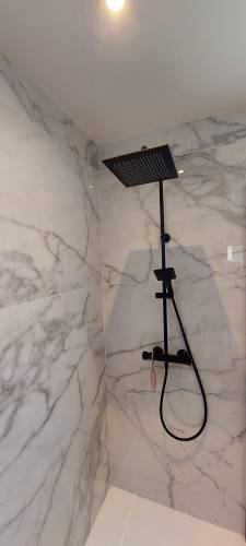 Intérieure de la douche avec colonne de douche noir pour un effet chic