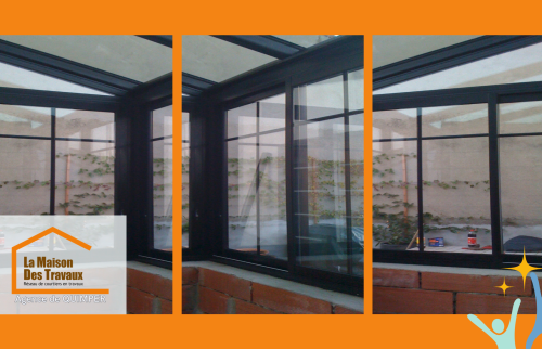 Détails soignés d’une véranda à Pluguffan : menuiseries aluminium, grandes surfaces vitrées et finitions propres pour un rendu moderne et durable.