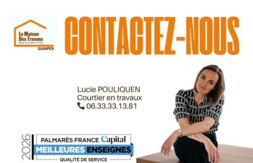 Contactez Lucie Pouliquen, courtière en travaux à Quimper, pour vos projets de rénovation dans le Finistère Sud et autour de Plomelin.