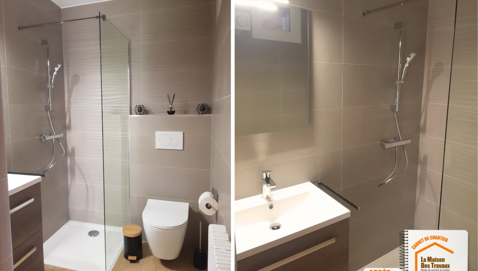 courtier travaux Chamonix Mont-Blanc, rénovation intérieure Le Grand-Bornand, salle de bain design montagne, carrelage moderne salle de bain, artisan fiable Haute-Savoie