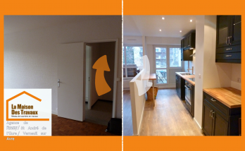 Découvrez une cuisine moderne ouverte sur le salon à Anet : du noir mat, du bois clair et une optimisation lumineuse au service du confort.