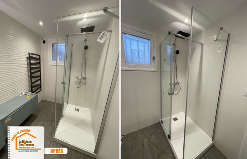 avant après salle de bains, transformation espace bain, douche moderne et spacieuse, carrelage salle de bains tendance, rénovation plomberie salle de bains