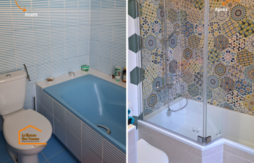 Transformation complète d’une ancienne salle de bain avec nouvelle baignoire, faïence décorative et paroi vitrée à Fumel.