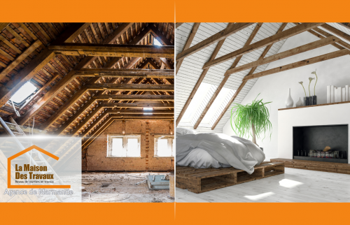 (avant/après aménagement des combles) Transformation de combles à Marmande : rénovation complète signée La Maison Des Travaux de Marmande.