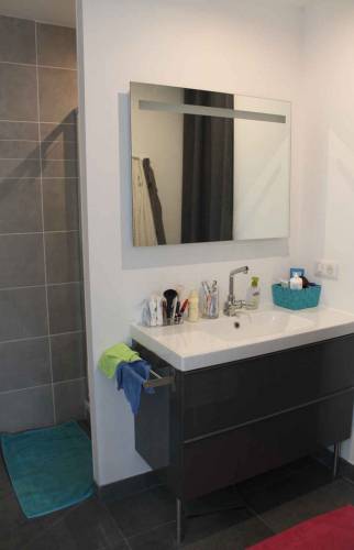 Salle de bains - Rénovation d'une maison avec frangement entre le salon et la cuisine et accès par une passerelle à Nantes (44)