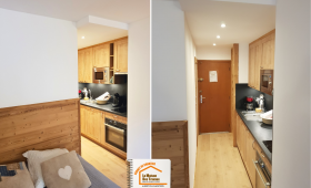 studio montagne rénové, parquet massif chaleureux, cuisine moderne petite surface, bardage bois studio, rénovation complète Savoie, La Maison des Travaux Albertville