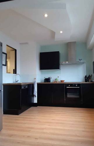 Cuisine équipée et parquet stratifié dans un studio à Riedisheim