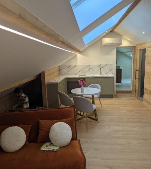 Studio aménagé dans des combles avec kitchenette et pièce de vie