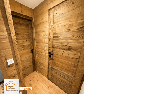 bardage bois intérieur montagne, rénovation appartement montagne, cuisine moderne appartement, portes bois intérieur, la maison des travaux sallanches