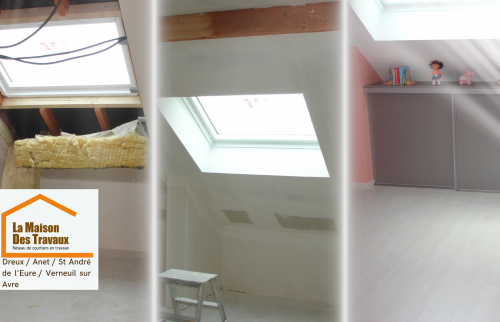 Transformation du grenier : ouverture du toit et isolation renforcée pour créer un espace lumineux et confortable.