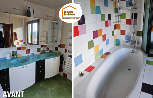 carrelage grès cérame salle de bain, meuble vasque sur mesure, rénovation intérieure Gex, artisans salle de bains Pays de Gex, salle de bain design