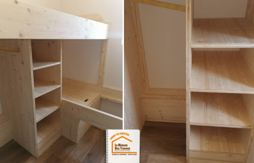 lits sur-mesure Chamonix, optimisation espace chambre, artisan bois Chamonix, rangement intégré lit, décoration montagnarde appartement, La Maison des Travaux