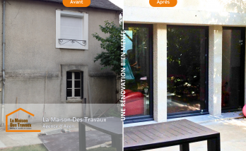 Avant travaux :** La façade avec sa petite fenêtre et sa porte ancienne, laissant peu de place à la lumière naturelle.