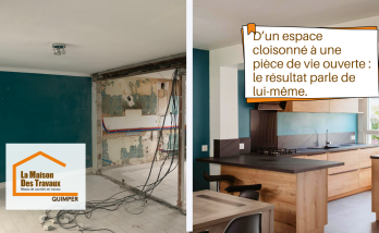 Transformation d’un espace cloisonné en pièce de vie ouverte grâce à l’ouverture d’un mur porteur entre Penmarch et Treffiagat.