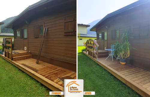 La Maison des Travaux Moûtiers, terrasse sur mesure montagne, bardage de protection façade, rénovation extérieure chalet, travaux terrasse bois,terrasse bois Savoie 73260, aménagement