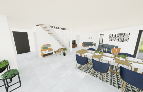 Salon avec escalier - plan 3D projet