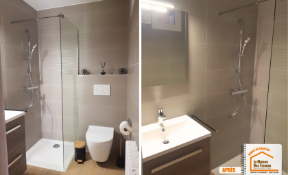 courtier travaux Chamonix Mont-Blanc, rénovation intérieure Le Grand-Bornand, salle de bain design montagne, carrelage moderne salle de bain, artisan fiable Haute-Savoie