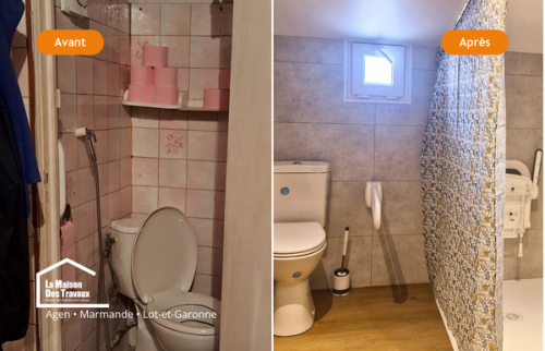 Avant/après d’une salle de bain repensée pour améliorer l’accessibilité, supprimer les obstacles et faciliter les déplacements au quotidien.