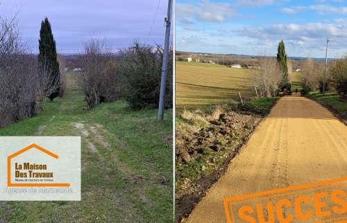 Avant/Après rénovation de chemin à Saint-Caprais-de-Lerm – Création d’un chemin en grave compactée pour un accès stabilisé et durable. 📍 #Travaux #Aménagement