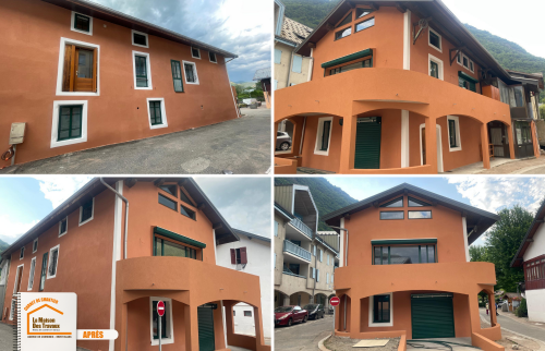 arches en ogive façade, rénovation menuiseries extérieures, peinture façade montagne, transformation maison ancienne, artisan rénovation façade