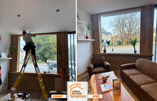  la maison des travaux megève, habillage vitrine bois, pin sapin massif, design montagne Sallanches, artisan bois Chamonix Mont-Blanc, menuiserie sur mesure