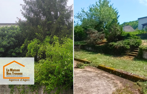 Avant/après du défrichage du jardin à Pont-du-Casse, un extérieur transformé et valorisé.