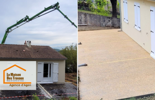Coulage du béton et reprise de la terrasse à Pont-du-Casse, un chantier mené avec soin par l’agence La Maison Des Travaux d’Agen.