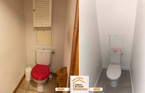 bardage bois intérieur, ambiance chalet, parquet chambre, carrelage gris salon, rénovation cuisine montagne