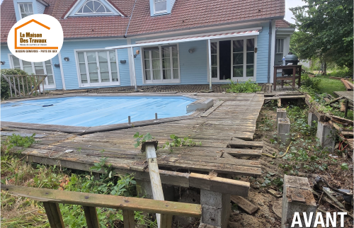 terrasse bois autour piscine Saint-Julien-en-Genevois, rénovation terrasse bois Haute-Savoie, création terrasse extérieure Saint-Julien-en-Genevois, aménagement contour piscine Bassin Genevois