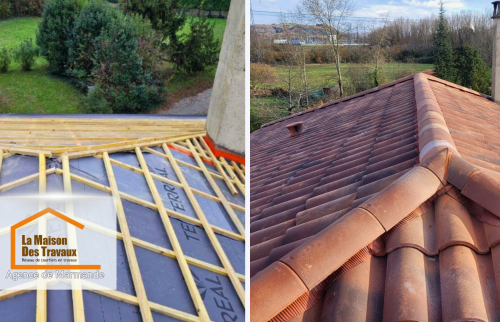 Une toiture en pleine rénovation – Pose du pare-pluie et des liteaux, première étape essentielle avant la pose des tuiles pour assurer une parfaite étanchéité.