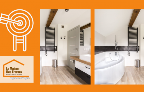 Cette salle de bain à Agen marie bois, carrelage effet parquet et baignoire d’angle pour une ambiance chaleureuse.