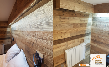 travaux rénovation Méribel, La Maison des Travaux Moûtiers, cloison chambre montagne, déco bois contemporain, ambiance montagnarde moderne, prix bardage bois