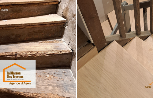 Des marches usées à un escalier comme neuf : reprise complète des contre-marches et finitions soignées pour un accès élégant à l’étage.