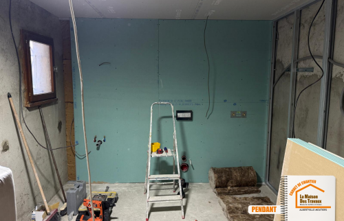 rénovation intérieure Mercury, création salle de bains studio, isolation électricité plomberie, aménagement mezzanine Savoie, habillage bois mural