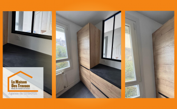 Cuisine rénovée à Quimper avec verrière et rangements bois sur-mesure. Projet signé Michel Le Donge, courtier en travaux.