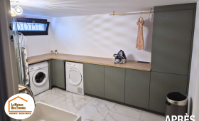 optimisation petit espace, buanderie salle de bain combinée, placard push-up sur-mesure, vasque tablier compacte, douche cabine invités