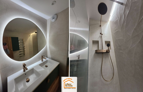  rénovation salle de bain Sallanches, douche design moderne, carrelage grand format salle de bain, rénovation salle de bain Haute-Savoie, la maison des travaux chamonix