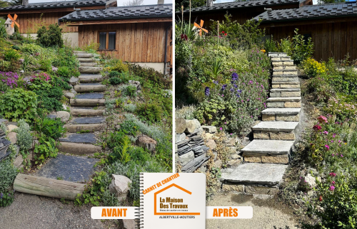 Améliorer esthétique escalier extérieur Belleville, Sécuriser accès maison Belleville 73440, Installation escalier béton extérieur Savoie, Pose revêtement pierres escalier Belleville, Rénovation escalier extérieur armature acier