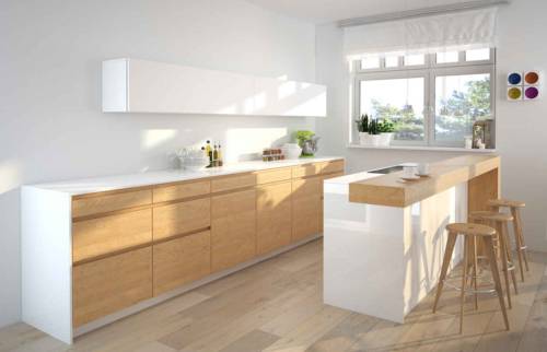 cuisine en bois design avec des murs blanc