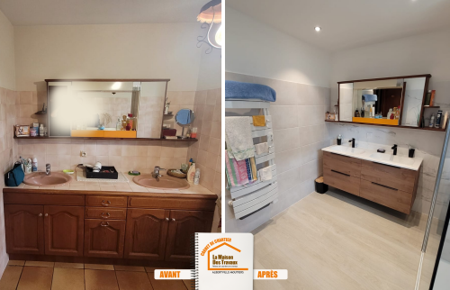  La Maison des Travaux Moûtiers, faïence effet marbre, parquet stratifié salle d’eau, meuble vasque suspendu, courtier en travaux Savoie