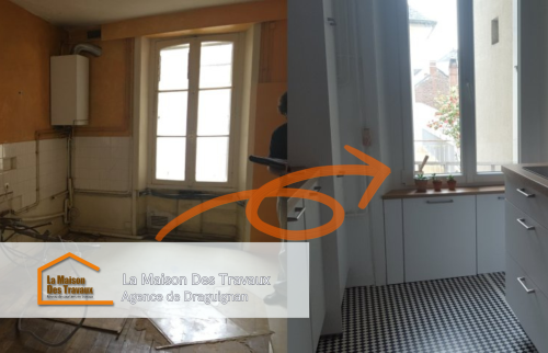 Comparaison avant-après de la rénovation, montrant la transformation complète d’une cuisine vétuste en un espace moderne et accueillant.